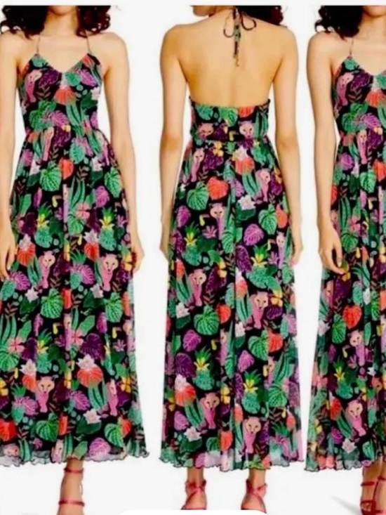Betsey Johnson Dresses & Skirts - Betsey Johnson SzL Tropical Floral Halter Maxi Dress Black w/Green & Pink Print